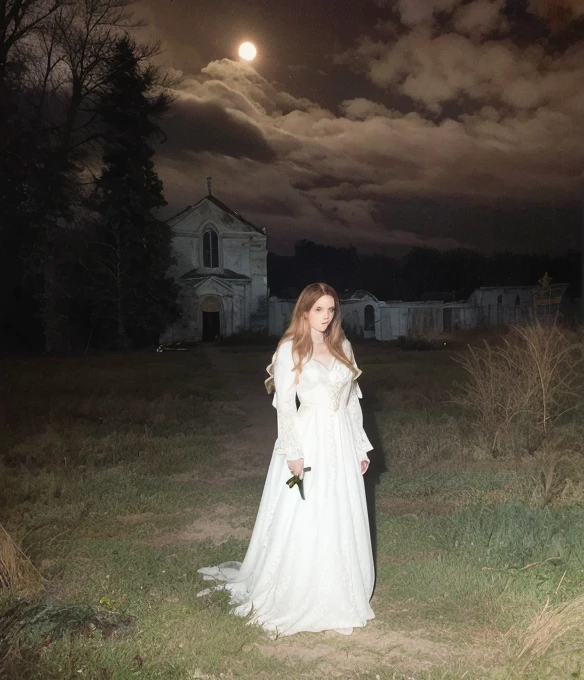  Lana Del Rey with long wavy blonde hair , dressed as a Southern Gothic person ,  holding a white sword in a field with an abandoned church with fog at night 