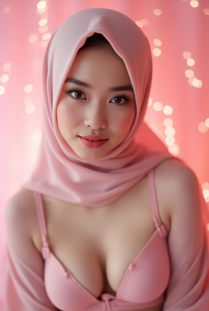 1 javanese girl , modern plain pink hijab, shy, medium portrait shot , watery eyes sad girl, glowing particles, red lips, wear red pastel flower pattern lingerie,  light bokeh background, proportional body,