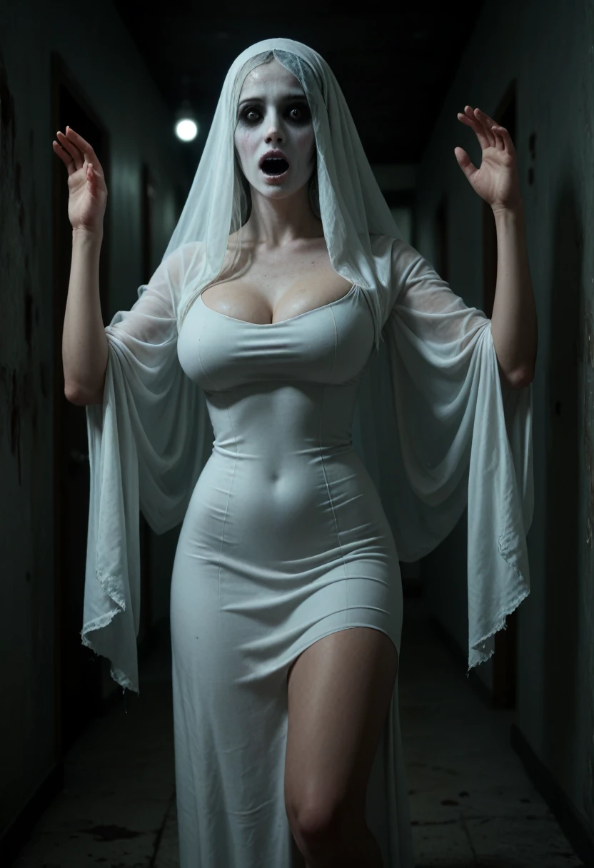  Subtly censor  ,  image suitable for the public . Ambiente macabro, horror scene.  Supersexy woman wearing a ghost costume  .  A woman's face completely covered For a White Veil  ,  body of a super sexy woman  ,  big breasts  ,  BIG T highlighted by the white dress  ,  small waist , sexy waist,  large hips, sexy hips, sexy ass, attractive butt, beautiful thighs,  striking thighs  , muslos grandes,  semitransparent white dress that highlights her beautiful curved scenery  ,  white dress fitted to her body  ,  beautiful simple white dress  ,  dress that is part of a ghost costume  ,  with excess fabric on the arms that allude to the shape of ghosts  ,  ghost pose scaring others  ,  parts of the costume become transparent with light  , scary scenario , scenario recreated in a dark quiet of a scary abandoned hotel , moist walls  , dimly lit hallway, ,  the burly ghost woman is perfectly illuminated by the ambient lights that reveal her beautiful figure.  Hyperrealistic composition style with semi-realistic details  ,  perfect composition  ,  A masterpiece of the highest quality, 16k quality,  high contrast,  Focus on the details , scary semi-dark environment ,  The scene and the macabre environment predominate , scary.