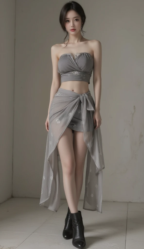 Beautiful stylist woman, slim legs, Korean actress face, long legs, detailed face, beautiful dark eye makeup, beautiful red lips, realistic Korean traditional outfit, strapless crop top wound many times with silk, short tube skirt, gray paint, wrap style transparent skirt, small flower pattern under skirt, thigh length skirt, ankle boots,