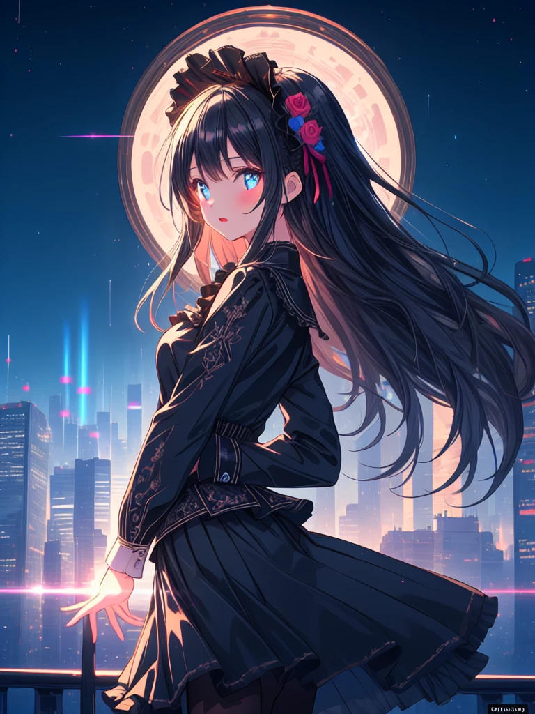 (Masterpiece,8K,4K,Ultra High Quality,Super Detailed,Super Beautiful CG,Super fine illustration, A highly detailed illustration,Best quality:1.4), (Outline:1.2), (Light particles:1.2), (Lens Flare:1.2) , 
An extremely cute and beautiful girl, 
Highly detailed beautiful face and eyes, close mouth, 
Beautiful black hair, Long hair, Straight hair, 
Beautiful detailed Gothic ****ta style outfit, Many ruffled skirt, Beautiful detailed embroidered skirt, Black tights, Head dress, 
Solo, 1girl, 
Dynamic pose, Upper body, from side, 
the city at night, with neon lights reflecting in the background, 