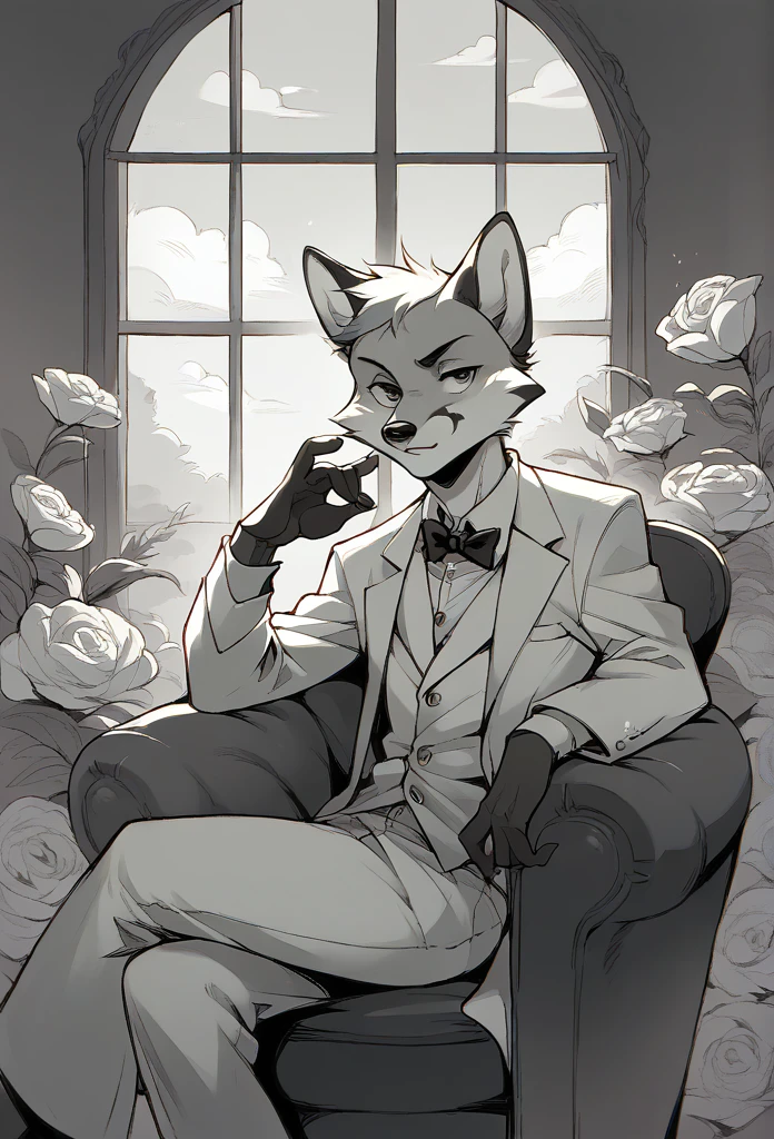 A fox, Black and white fur, wearing white suit, sitting on a chair, pose, posing, boring gesture, making decision, flowers around, window, Furniture, clouds and sunset in the background.