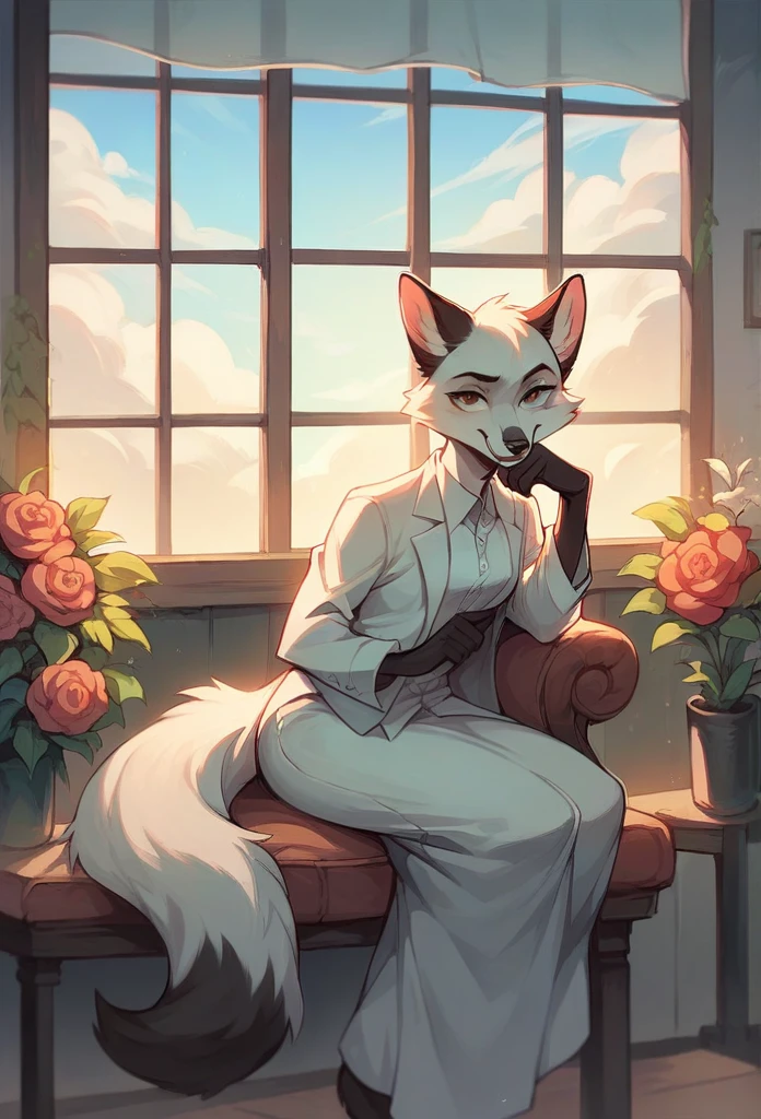 A fox, Black and white fur, wearing white suit, sitting on a chair, pose, posing, boring gesture, making decision, flowers around, window, Furniture, clouds and sunset in the background.