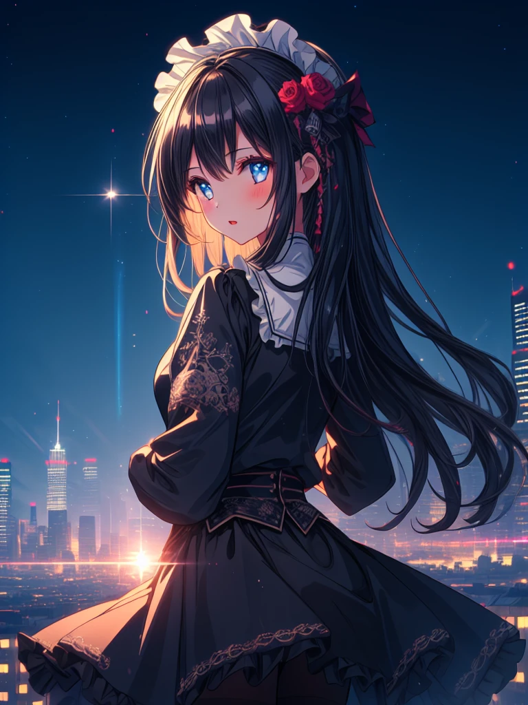 (Masterpiece,8K,4K,Ultra High Quality,Super Detailed,Super Beautiful CG,Super fine illustration, A highly detailed illustration,Best quality:1.4), (Outline:1.2), (Light particles:1.2), (Lens Flare:1.2) , 
An extremely cute and beautiful girl, 
Highly detailed beautiful face and eyes, close mouth, 
Beautiful black hair, Long hair, Straight hair, 
Beautiful detailed Gothic Lolita style outfit, Many ruffled skirt, Beautiful detailed embroidered skirt, tights, Head dress, 
Solo, 1girl, 
Dynamic angle, Upper body, from back, 
the city at night, with neon lights reflecting in the background, 