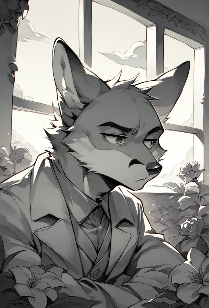 A fox, Black and white fur, wearing white suit, stopped, bored, head tilted, mirAndo Al espectAdor, while fixing his suit, flowers around, window, Furniture, clouds and sunset in the background, half body angle shot.