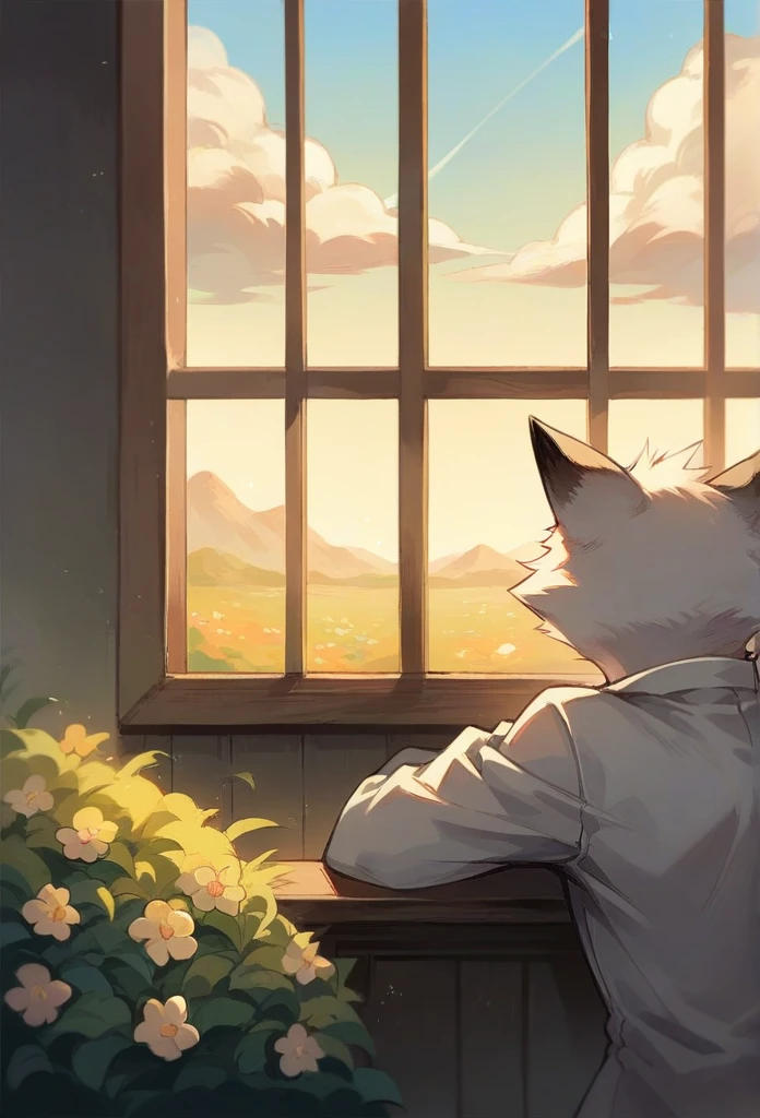 A fox, Black and white fur, wearing white suit, stopped, bored, head tilted, mirAndo Al espectAdor, while fixing his suit, flowers around, window, Furniture, clouds and sunset in the background, half body angle shot.