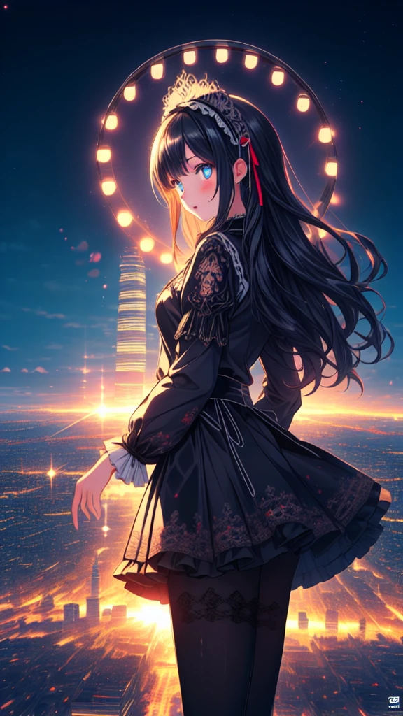 (Masterpiece,8K,4K,Ultra High Quality,Super Detailed,Super Beautiful CG,Super fine illustration, A highly detailed illustration,Best quality:1.4), (Outline:1.2), (Light particles:1.2), (Lens Flare:1.2) , 
An extremely cute and beautiful girl, 
Highly detailed beautiful face and eyes, close mouth, 
Beautiful black hair, Long hair, Straight hair, 
Beautiful detailed Gothic ****ta style outfit, Many ruffled skirt, Beautiful detailed embroidered skirt, tights, Head dress, 
Solo, 1girl, 
Dynamic angle, from side, from above, 
the city at night, with neon lights reflecting in the background, 