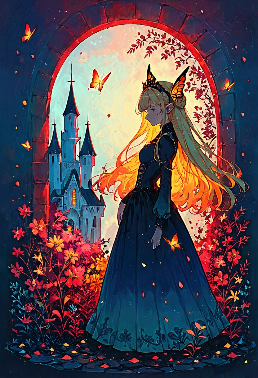 a very beautiful castle/(full body/),beautiful long blonde princess, colorful butterflies,many flowers and petals,colorful,pastel color,vivid color.score_9, score_8_up, score_7_up, score_6_up, score_5_up, score_4_up, source_anime,source_furry,rating_safe,rating_questionable,masterpiece, best quality, perfect anatomy , very aesthetic , absurdres ,vivid color,golden hour