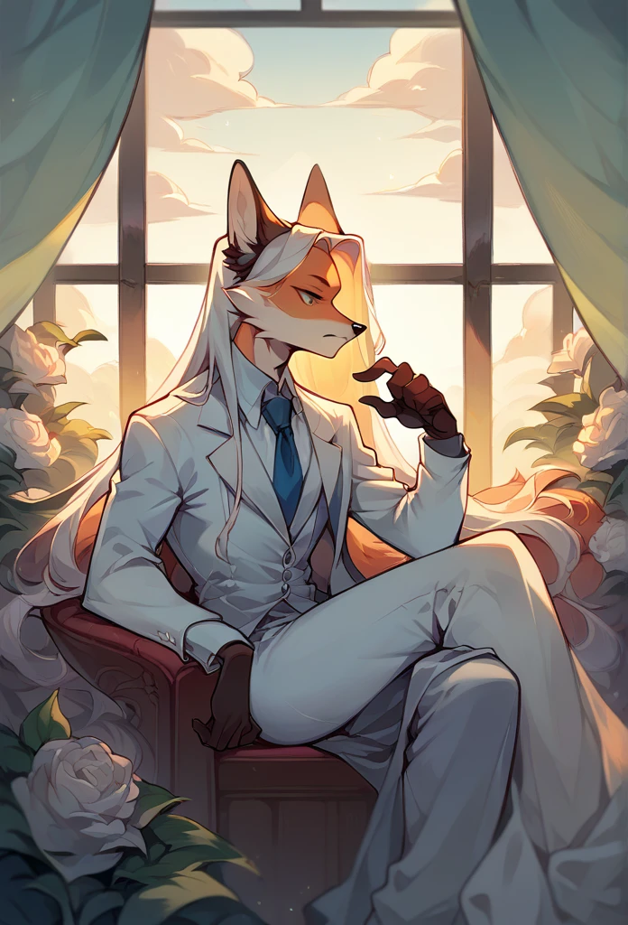 A fox, wearing white suit, Long hair (Hairstyle), sitting on a chair, pose, posing, boring gesture, making decision, flowers around, hands Detailed, window, Furniture, clouds and sunset in the background.