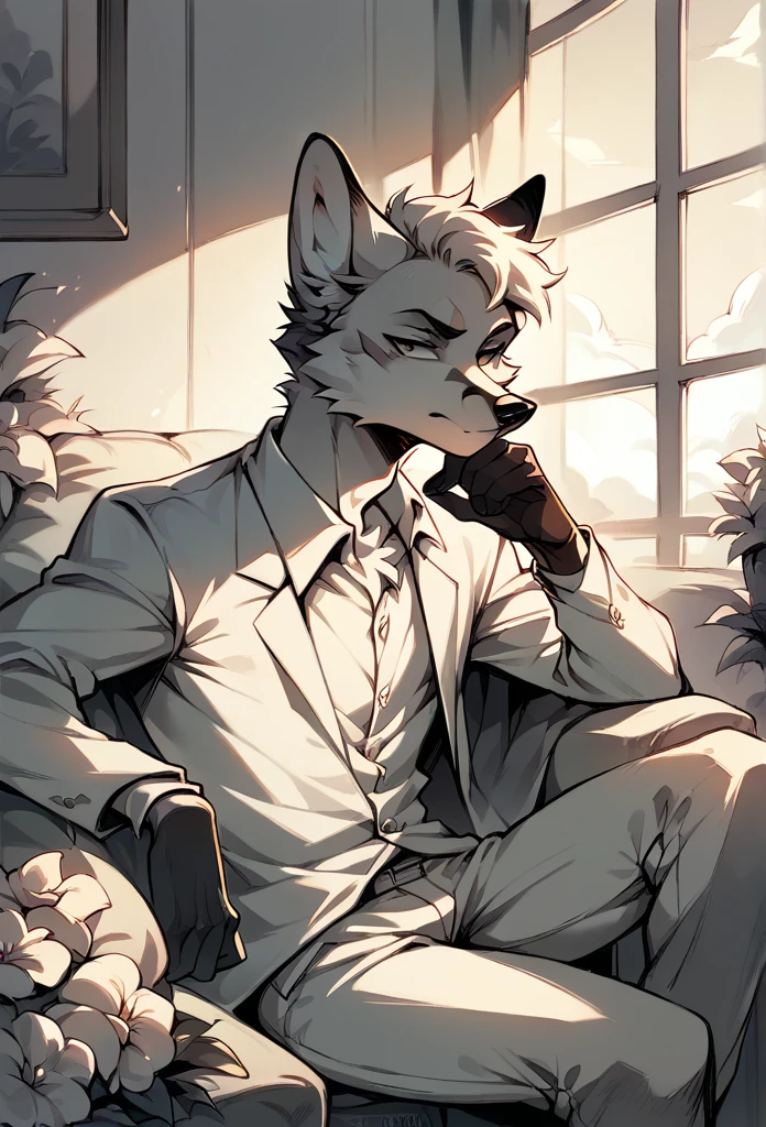 A fox, Black and white fur, wearing white suit, sitting on a chair, pose, posing, boring gesture, making decision, flowers around, window, Furniture, clouds and sunset in the background.