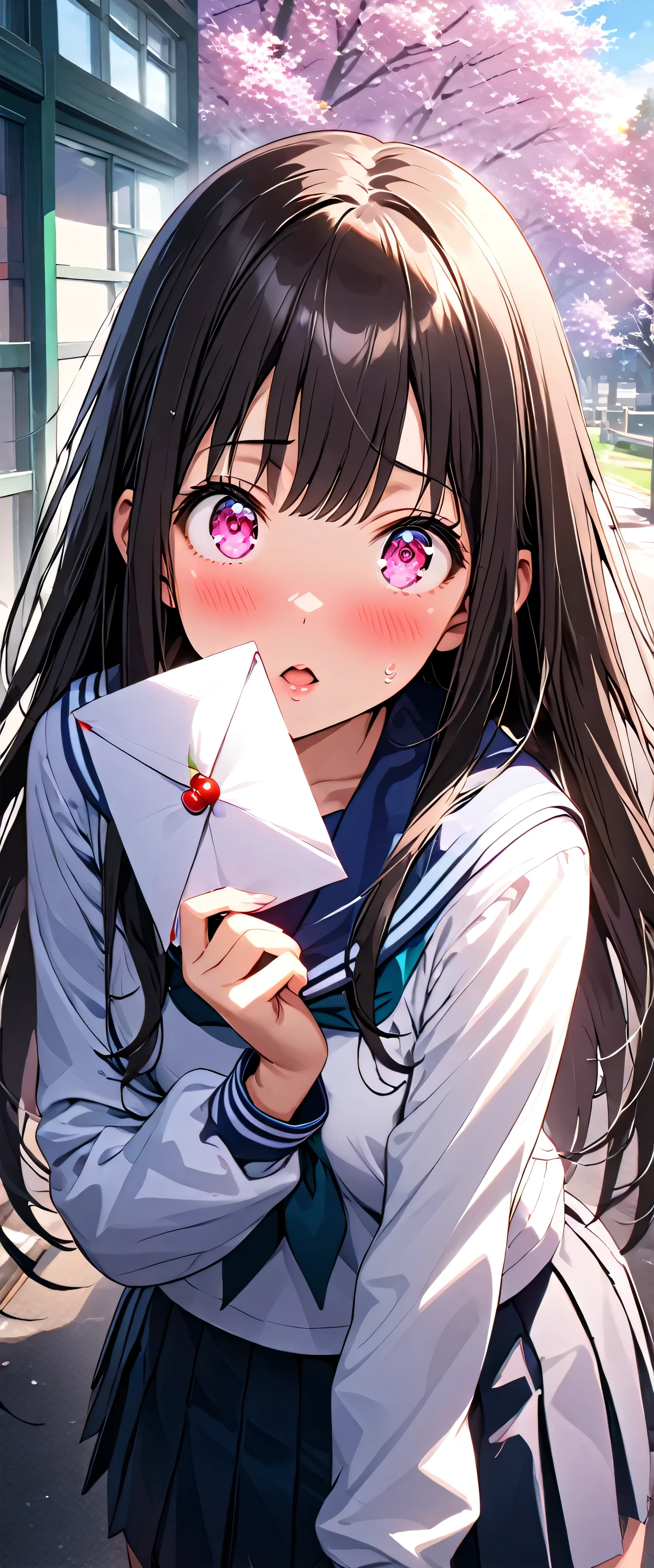(A love letter is attached to my face:1.5),(Long sleeve sailor suit, pleated skirt:1.5),(beautiful girl:1.3),1girl,masterpiece,Highest quality,Ultra-high resolution, rich contrast ,super high quality,8k,Highly detailed CG unit wallpaper,texture,Incredibly absurd,Ultra-high resolution,Highest quality anime,professional photograph,an extremely delicate and beautiful,RAW Photos,Depth of Field 1.2,ultra-detailed eyes,Glowing Skin,Beautiful glossy lips,( beautiful dark hair , straight hair, long hair),School,Schoolの校門,(((Cherry Blossom Snowstorm))),Surprised,blush,Leaning forward,Looking up,Tilt your head,