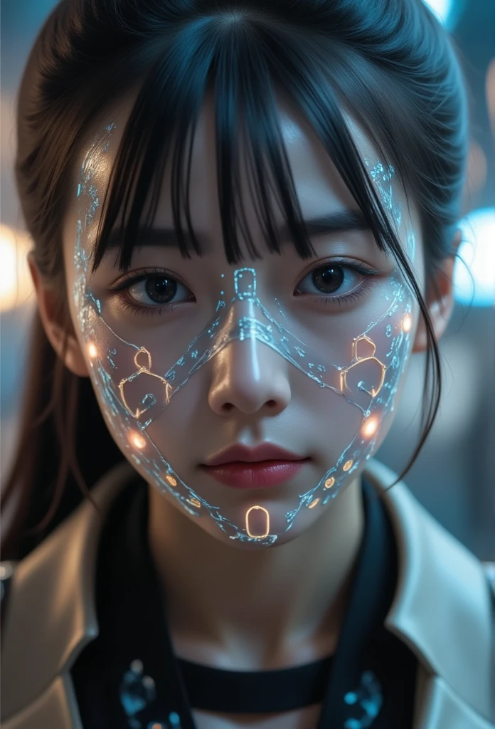 a beautiful woman with glowing circuits and symbols overlaying her face, detailed intricate circuitry, vibrant neon colors, futuristic cyberpunk style, cinematic lighting, digital art, 8k, hyperrealistic, masterpiece