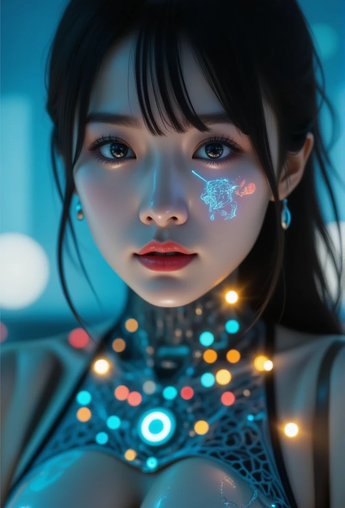 a beautiful woman with glowing circuits and symbols overlaying her face, detailed intricate circuitry, vibrant neon colors, futuristic cyberpunk style, cinematic lighting, digital art, 8k, hyperrealistic, masterpiece