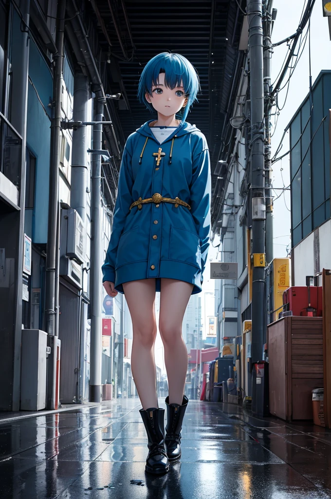 “Luce,” the young, symbolic mascot for the 2025 Jubilee, as she sprints with determination through the bustling streets of Tokyo. She embodies themes of faith, guidance, and community, and her dynamic movement contrasts with her calm, resilient expression. Luce has short, light sky-blue hair that peeks out from beneath the oversized hood of her bright yellow raincoat, creating a vibrant contrast against the urban backdrop. Her eyes are a deep, intense blue, adorned with scallop shell motifs that symbolize hope and pilgrimage, giving her gaze a mixture of determination and calm focus, even as she runs.

On her chest, she wears the official 2025 Jubilee logo, depicting four figures following a cross, forming a shape reminiscent of a ship. This logo captures the Catholic Church’s vision of faith as a journey taken together, with believers moving forward under divine guidance.

Around her neck, Luce wears a traditional Catholic rosary with colorful beads, each one unique in color. The rosary stands out against her bright raincoat, symbolizing her devotion and spirituality, and adding a sense of tradition to her youthful appearance.

In her right hand, she holds a two-pronged shepherd’s staff, with one prong slightly longer than the other. This staff, made of phosphorescent material, emits a soft greenish glow that leaves a faint trail as she dashes through the city. The glow illuminates parts of her raincoat and reflects off nearby surfaces, adding an otherworldly aura to her presence in the modern cityscape.

Her green boots are worn and stained with red-tinged mud around the soles, showing the miles she’s traveled. They make contact with the wet pavement, kicking up small splashes as she races forward, her boots representing both her grounded nature and resilience.

The Tokyo setting is alive with energy—neon lights, busy sidewalks, and towering buildings—but Luce remains the focal point, a symbol of faith and purpose in the midst of the city’s rush. Raindrops might b