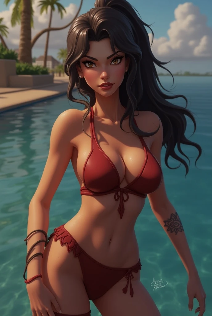 there is a flowered fence, 1 girl from the back, red bikini, sitting on the men's dick, big butt, wavy black hair, white skin