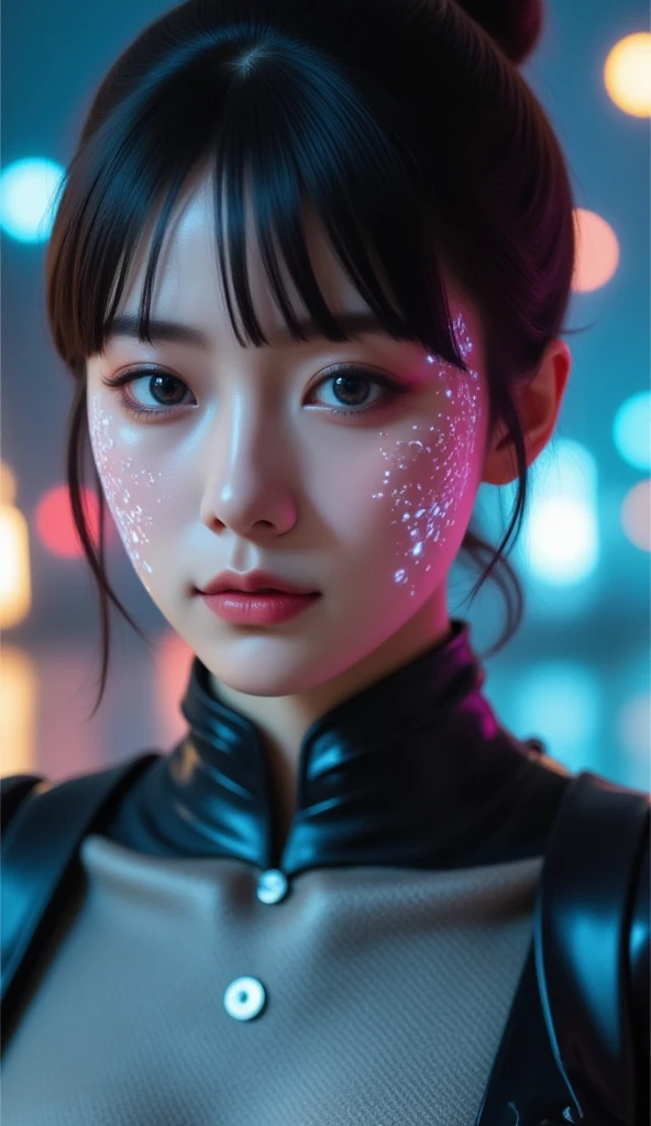 a beautiful woman with glowing circuits and symbols overlaying her face, detailed intricate circuitry, vibrant neon colors, futuristic cyberpunk style, cinematic lighting, digital art, 8k, hyperrealistic, masterpiece