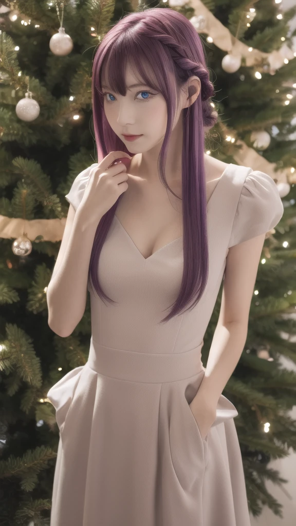 masterpiece, best quality, highres, 1girl, solo, long hair, purple hair, braid, purple eyes, merry christmas Dress,