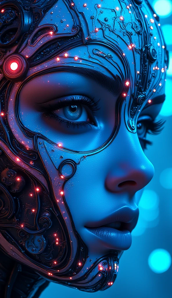 a beautiful woman with glowing circuits and symbols overlaying her face, detailed intricate circuitry, vibrant neon colors, futuristic cyberpunk style, cinematic lighting, digital art, 8k, hyperrealistic, masterpiece