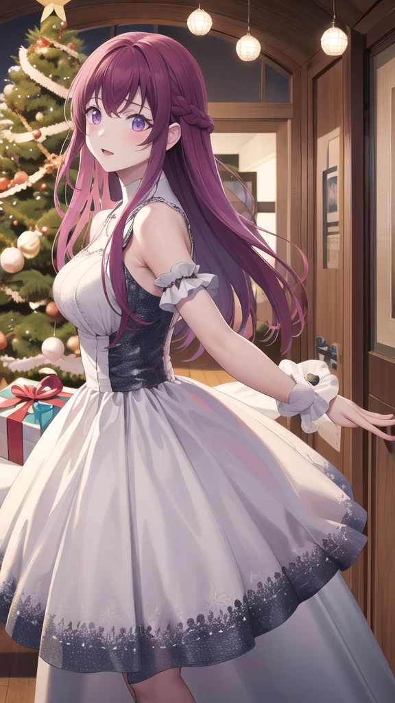 masterpiece, best quality, highres, 1girl, solo, long hair, purple hair, braid, purple eyes, merry christmas Dress,