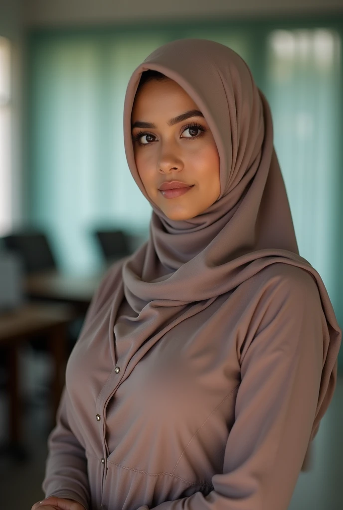 A woman in hijab with a round face and big breasts 
