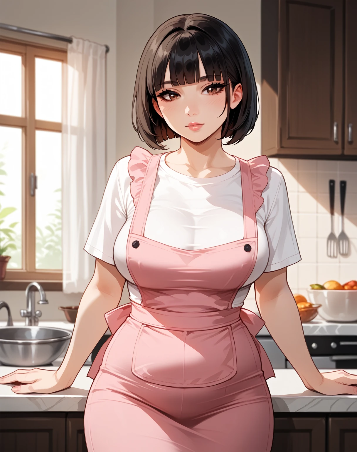 core_9,score_8_up,score_7_up,),score_9,score_8_up,score_7_up, {{artist: floox}} {{upper body, dutch angle, source_anime, indoors, kitchen, counter, leaning against counter, colorful, vibrant, looking at viewer, solo}} mature female, asian, Japanese, fair skin, plump, large breasts, aged, black hair, brown eyes, medium hair, blunt bangs, bob cut, beige t-shirt, pencil skirt, pink apron, frilly apron.
