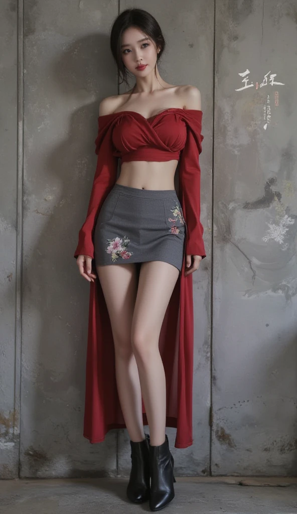 Beautiful stylist woman, slim legs, Korean actress face, long legs, detailed face, beautiful dark eye makeup, beautiful red lips, realistic Korean traditional clothes, wrap one's chest in silk several times, short tube skirt, grayish paint on skirt, small flower pattern under skirt, thigh length skirt, ankle boots,