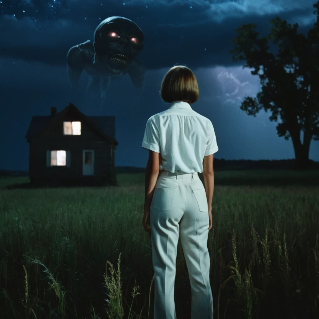 cinematic film still of  In the 1970's a woman standing in a field next to wooden houseat night with alien light above in cloudy sky,solo,short hair,shirt,1boy,standing,white shirt,male focus,outdoors,sky,pants,cloud,from behind,tree,night,grass,scenery,dark,house , realistic,realism, detailed, perfection,perfect,filmic,retro,vintage,classic,different haircut,different look,different style,different people, 1970's style , 1970 style, shallow depth of field, vignette, highly detailed, high budget, bokeh, cinemascope, moody, epic, gorgeous, film grain, grainy