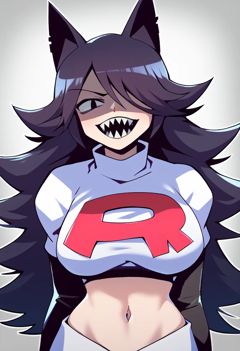 score_9, score_8_up, score_7_up, score_9,4k, HD, 8k, highres, antialiasing, texture, source_cartoon BREAK   MisscircleSDXL, 1girl,black eye, solo, black hair,long hair, sharp teeth, theet, looking at viewer, tall girl, large breasts, animal ears, very long hair, hair over one eye, monochrome, greyscale, wolf ears, shaded face, team rocket,team rocket uniform,white skirt,red letter R,crop top,black thigh-highs,black elbow gloves