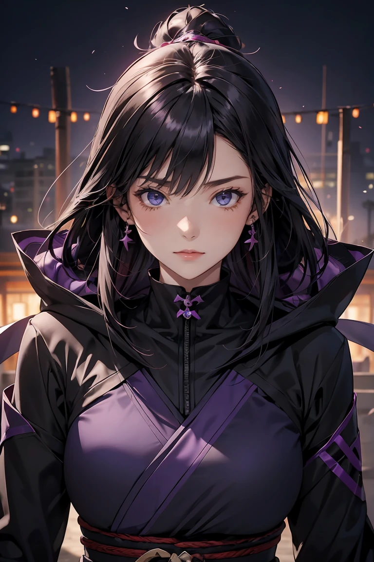 「23 year old female Kunoichi  、  dark purple shoulder length hair 、 wear a hood and mask during battle 、 Silver Eyes 、 perfect black and purple Kunoichi costume .、 can carry hidden weapons 、 slim and supple body 、 Calm Look 、 set in an otherworldly fantasy kingdom 、 design that combines traditional ninja style with magical elements」