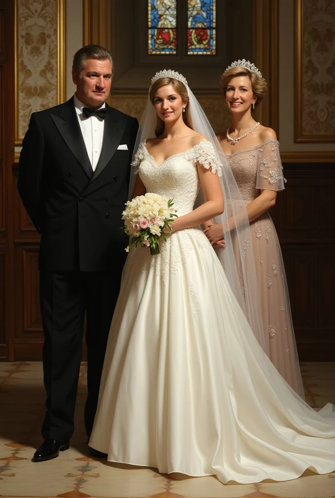 A girl in a luxurious ball gown holds the hand of a handsome blond man in a luxurious tailcoat in a castle