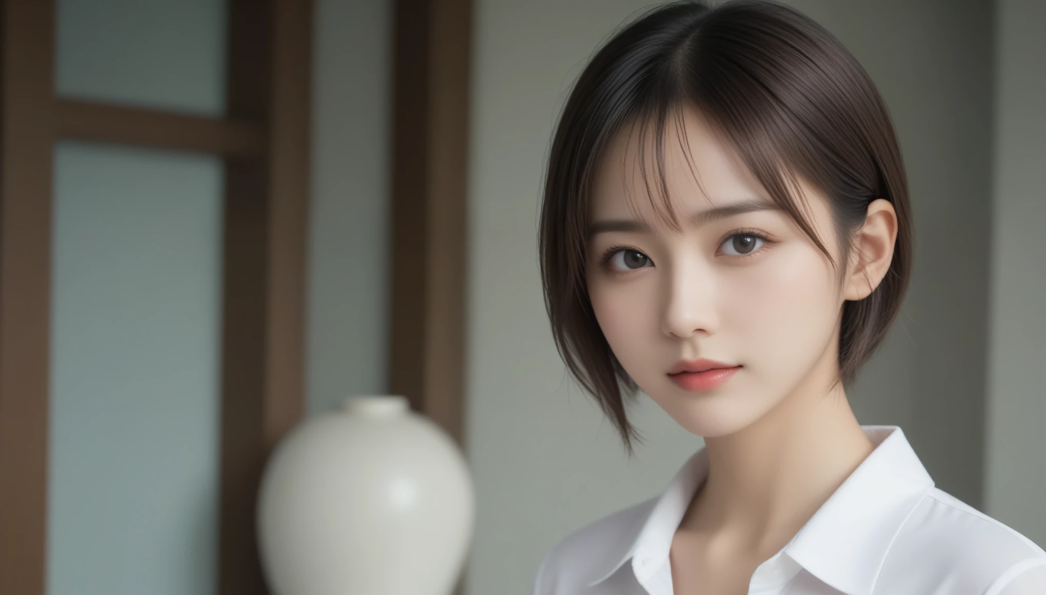 8k, ultra high resolution, Best Quality, masterpiece, 三分割法によるphotograph, surreal,photograph, one woman,(Girl:1.3),cute,cute顔, 細部まで beautiful eyes, 細かく Detailsに,masterpiece,一人のGirl:1.2, Japanese women,Young Wife,full body,smile,Brown short hair,Wavy hair,ID photo,future,Brutal Cyberpunk Woman,Luxurious and gorgeous,Office,((Dress shirt:1.5)),Mini length flared skirt, mesmerizing thighs seen from the audience,Flashy Fashion,Lavish Decoration,(BDSM Mistress),(Cute girl),(Upper class lady:1.5),Expressions of despair,Dark and atmospheric lighting, delicate details , Detailsな顔,anger, charming eyes ,(ポートレートphotograph:1.4),( photorealistic image:1.4), Fantasy Art ,( beautiful face:1.4),美しく charming eyes 、 beautiful eyes,Silver Remaining,(Tight waist:1.4)、( beautiful with perfect body proportions:1.4), Pink Lips,profile,((( ideal body shape))),A cup small bust :2,、Portraiture:2、 perfect anatomy 、鮮明な Details、 Details,Thin lips,完璧で beautiful face ,完璧でcute顔, Detailed Skin, Perfect limbs、 thin waist, surreal,Light and Shadow, fashion magazine cover ,glowing