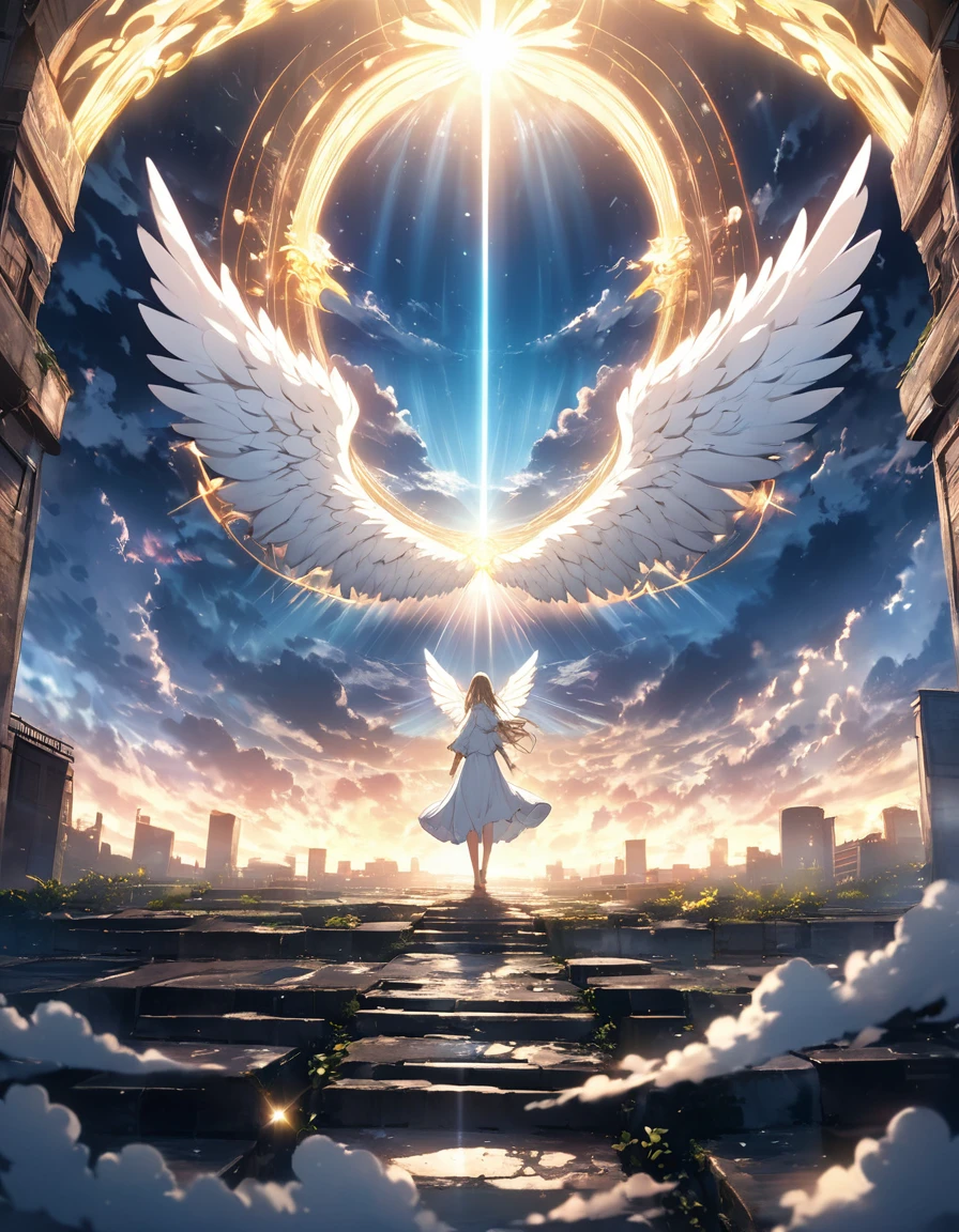  God through the clouds in an uninhabited alley々Composition with bright light shining in , The sky in the shape of clouds looks like angel wings  ,2D digital art with a mystical atmosphere (( background blur)),