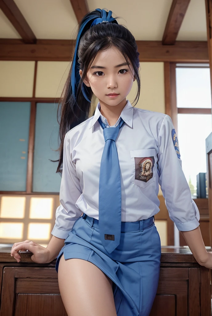  photo realistic. A Japanese schoolgirl with a ponytail, wearing a long-sleeved white shirt, blue skirt, ((blue tie)) decorated with intricately ornamented chest and shoulder armor. Holding a ninja weapon, posing ready for battle, morning sky, high realism, high detail, 4K, HDR, true proportions, ultra high definition, real person, facing the camera, ninja shoes.