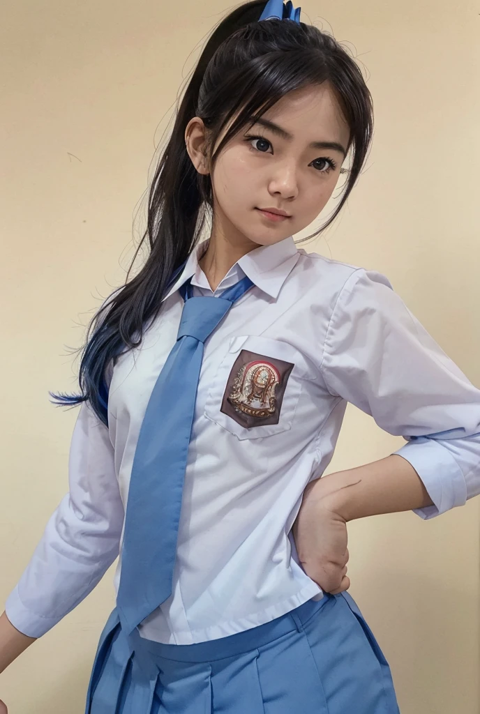  photo realistic. A Japanese schoolgirl with a ponytail, wearing a long-sleeved white shirt, blue skirt, ((blue tie)) decorated with intricately ornamented chest and shoulder armor. Holding a ninja weapon, posing ready for battle, morning sky, high realism, high detail, 4K, HDR, true proportions, ultra high definition, real person, facing the camera, ninja shoes.