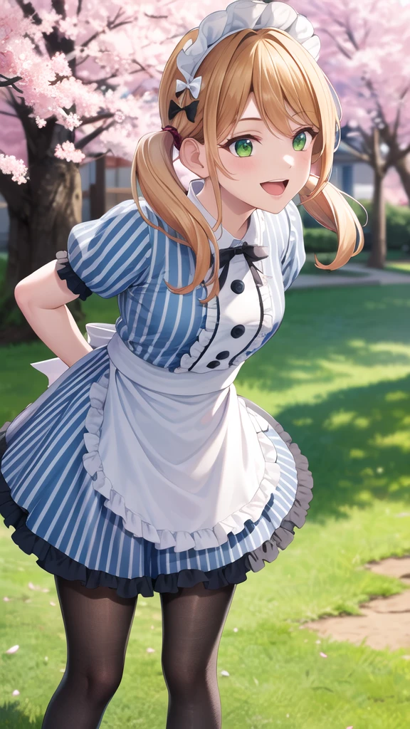 masterpiece, best quality, highres, 1girl, solo, blonde hair, low twintails, maid headdress, hair bow, green eyes, neck ribbon, frills, vertical stripes, blue dress, short sleeves, apron, black pantyhose, arms behind back, standing, leaning forward, smile, open mouth, cowboy shot, outdoors, cherry blossoms