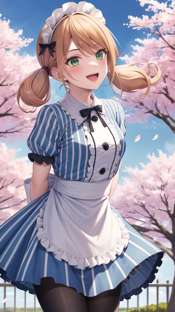 masterpiece, best quality, highres, 1girl, solo, blonde hair, low twintails, maid headdress, hair bow, green eyes, neck ribbon, frills, vertical stripes, blue dress, short sleeves, apron, black pantyhose, arms behind back, standing, leaning forward, smile, open mouth, cowboy shot, outdoors, cherry blossoms