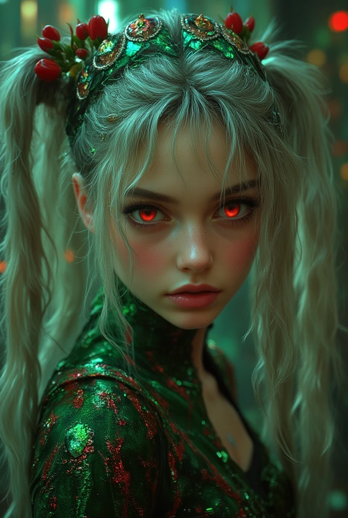 long twintails hairstyle, grey hair color, red eyes, looking at the camera, rococo ****ta, Ariana Miyamoto, perfect face, fitness figure, masterpiece, green dress with red lines, long black boots, frills, by adrianus eversen and pascal blanche and rutkowski repin and Jean-Baptiste Monge and wlop, an ultra hd detailed painting, digital art, dust particles, beautiful, glittering, filigree, rim lighting, lights, extremely magic, surreal, fantasy, digital art, drops, artgerm and james jean, cinematic, by pascal blanche, rutkowski repin, artstation, hyperrealism painting, concept art of detailed character design, matte painting, 8K resolution, blade runner