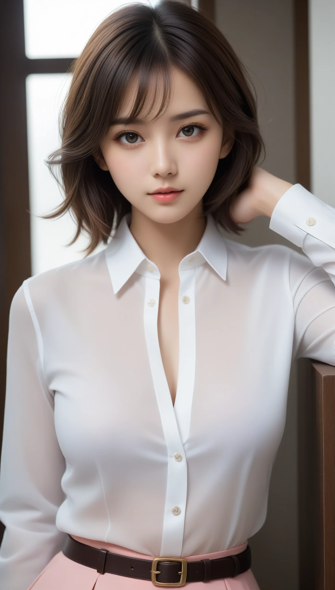 Photorealistic、Highest quality、Highest quality、masterpiece、Ultra-high resolution、Raw photo、Realistic、Bright lighting、Face Light、Smooth Professional Lighting、Looking at the camera、alone、Adult women、Beautiful woman、Super Beauty、Realistic肌、Moisturized Skin、Realistic eyes and faces、Perfect model body shape、Beautiful Eyes、Big eyes、Inconspicuous tear bags、slim、Big Breasts、No bra、No makeup、Very short hair、Black Hair、Black Eye、looks fun、The ears are hidden in the hair、White button-up shirt、Black Skirt、office