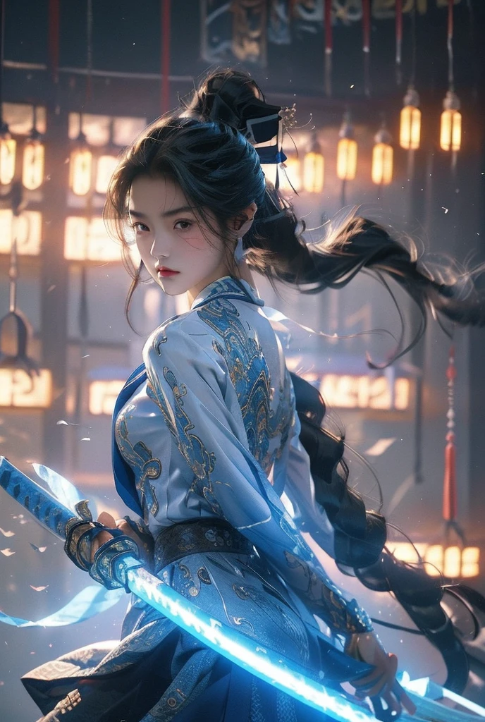  photo realistic. A Japanese schoolgirl with a ponytail, wearing a long-sleeved white shirt, blue skirt, ((blue tie)) decorated with intricately ornamented chest and shoulder armor. Holding a ninja weapon, posing ready for battle, morning sky, high realism, high detail, 4K, HDR, true proportions, ultra high definition, real person, facing the camera, ninja shoes.