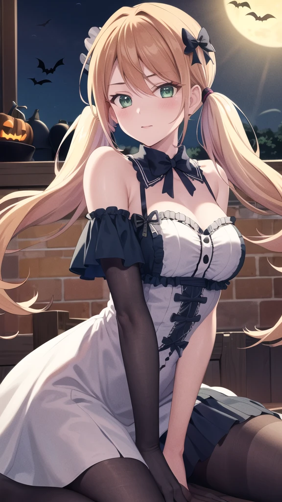 masterpiece, best quality, highres, 1girl, solo, blonde hair, low twintails, hair bow, green eyes, halloween Dress,