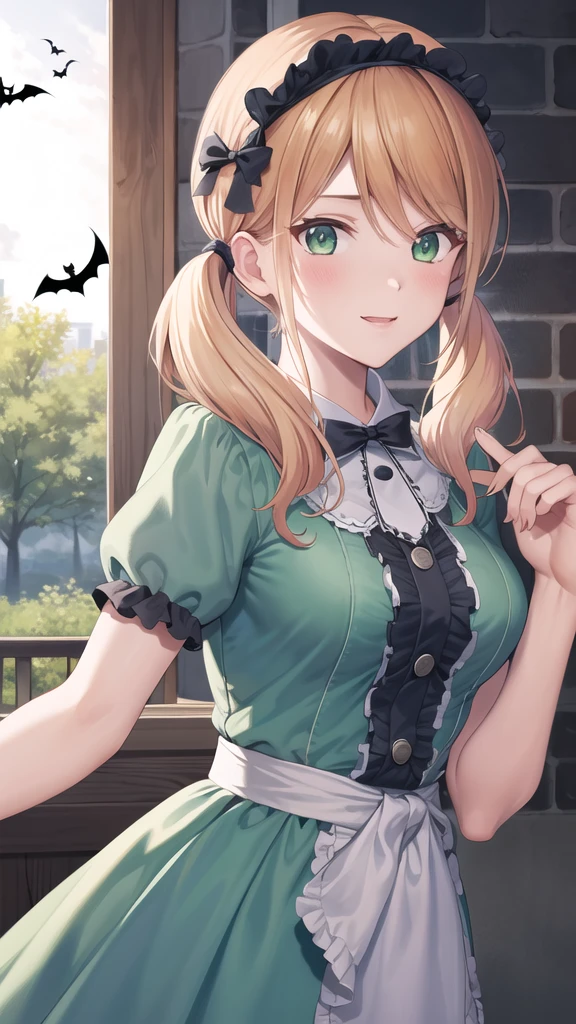 masterpiece, best quality, highres, 1girl, solo, blonde hair, low twintails, hair bow, green eyes, halloween Dress,