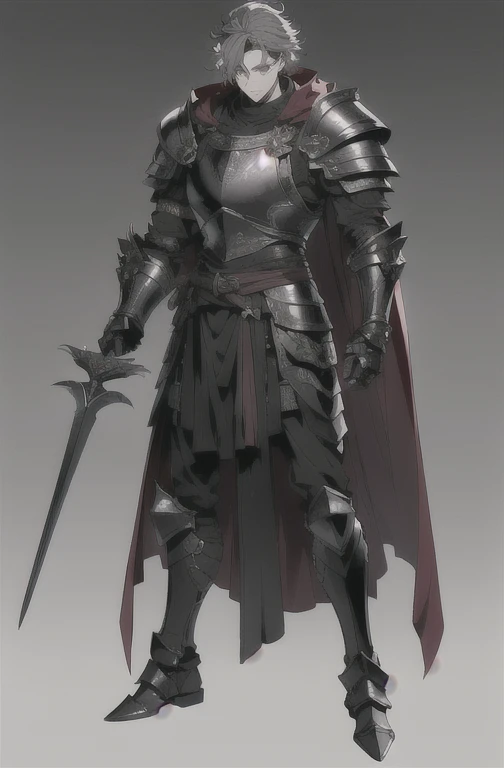 (masterpiece, ultra-detailed, high resolution, best quality:1.2), (anime, full body, standing posture, Simple Background, plain background), (Pauldrons, Gorge, Breastplate, Ford, Vambrace, Gauntlets, Tassets, Cuisses, Greaves, Sabatons), (knight, warrior, muscular, large build, sketchy knight drawing, 1guy, (black armor:1.3), solo, cape, adult male, middle aged, thin eyebrows, blood on face), ((medium Hair:1.2), gray hair, (voluminous hair:1.3), (very wild hair:1.2), (hair over one eye:1.2))