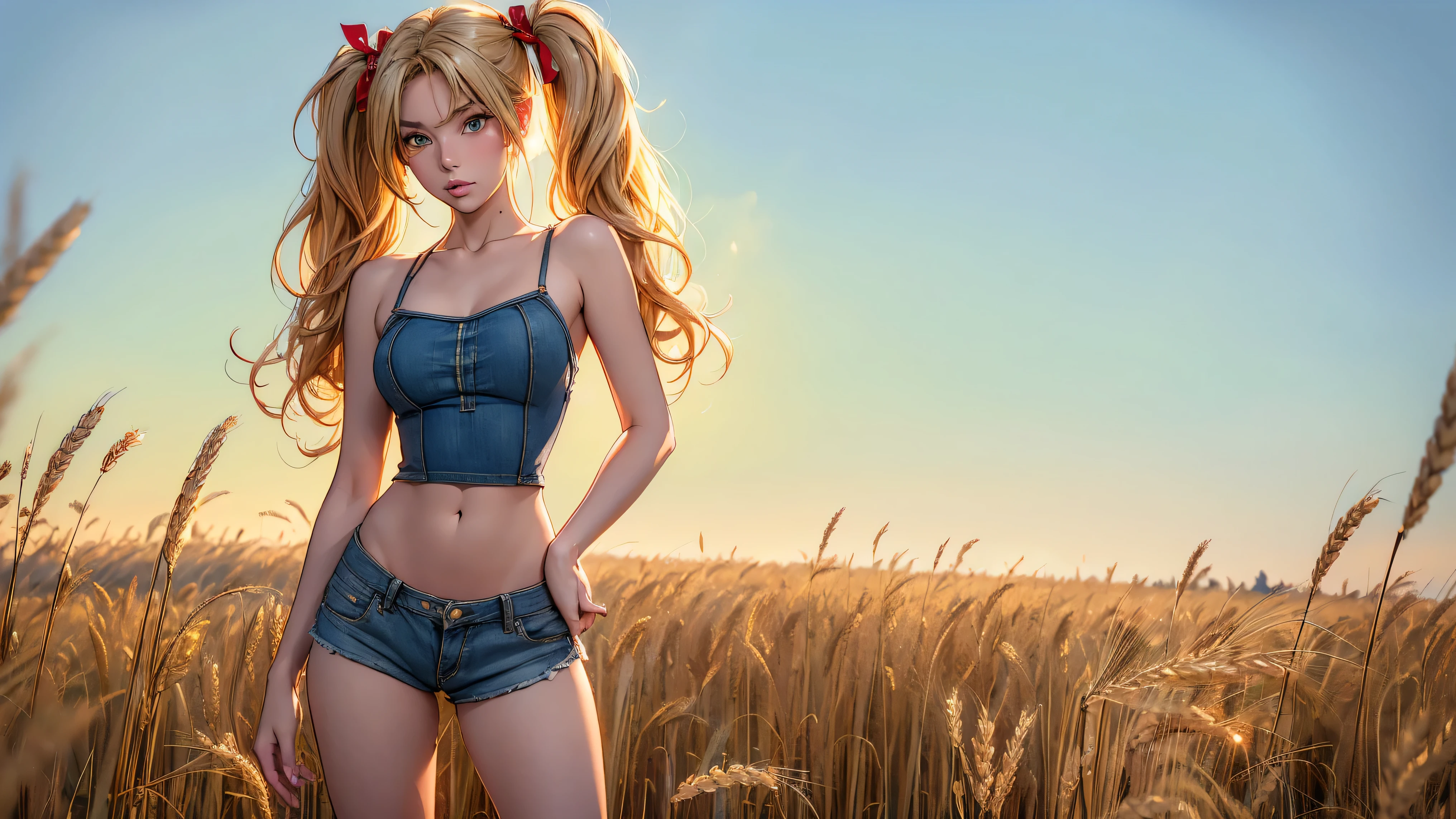 1girl, solo, (masterpiece, best quality, High Detail, 8K), blonde, long wavy hair, twintails with red ribbons in hair, dark tanned skin, extremely sexy, bikini tan, large breasts, Head to hips shot, Full body shot, cowboy shot, skinny, large green eyes, ((thin waist, small hips, long torso)), ((Dean Yeagle Style - Mandy)), wearing cutoff bluejean short-shorts, country girl, standing in a wheat field, farm background, wheat field,