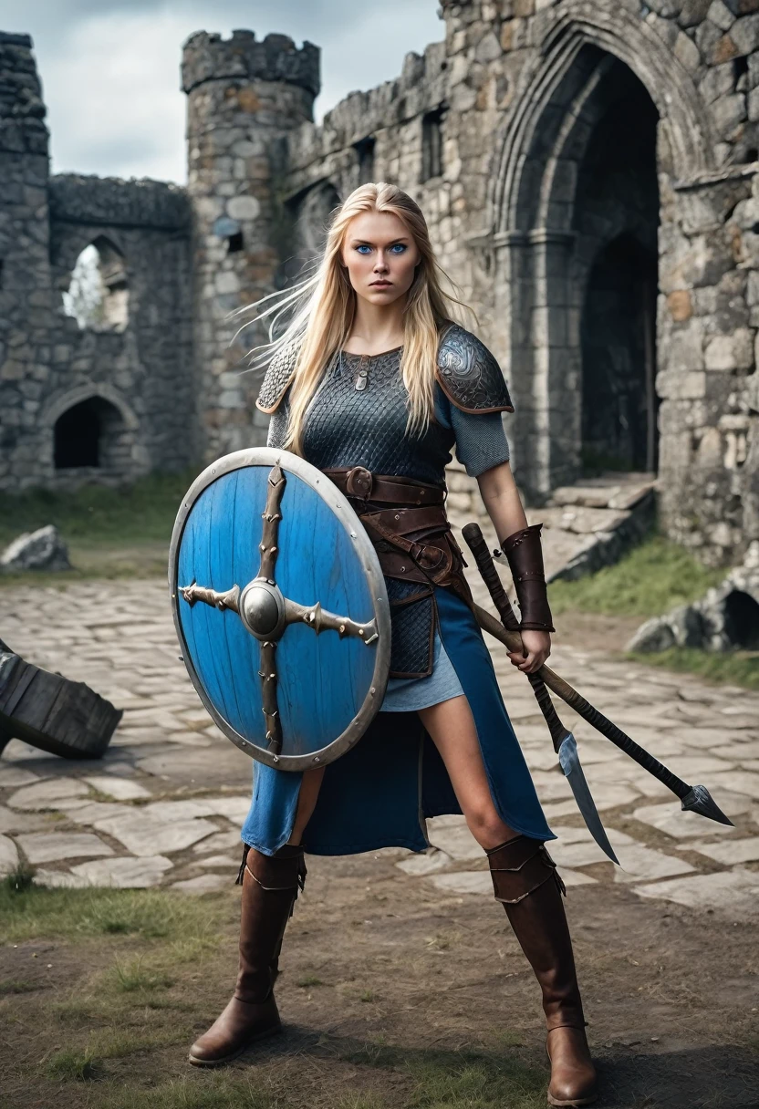 full body shot of young female viking warrior . The women has long hair blonde and blue eyes. Wielding an axe and shield. The background is a decrepit old castle