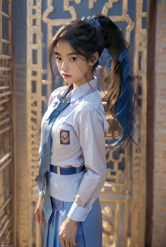  photo realistic. A Japanese schoolgirl with a ponytail, wearing a long-sleeved white shirt, blue skirt, ((blue tie)) decorated with intricately ornamented chest and shoulder armor. Holding a ninja weapon, posing ready for battle, morning sky, high realism, high detail, 4K, HDR, true proportions, ultra high definition, real person, facing the camera, ninja shoes.