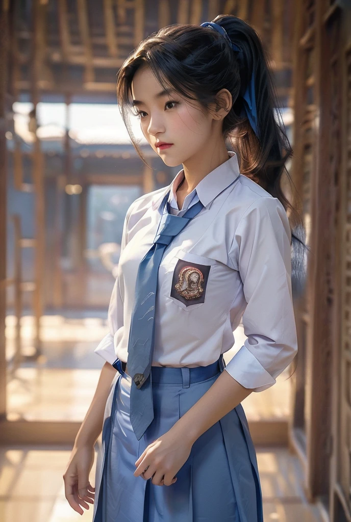  photo realistic. A Japanese schoolgirl with a ponytail, wearing a long-sleeved white shirt, blue skirt, ((blue tie)) decorated with intricately ornamented chest and shoulder armor. Holding a ninja weapon, posing ready for battle, morning sky, high realism, high detail, 4K, HDR, true proportions, ultra high definition, real person, facing the camera, ninja shoes.