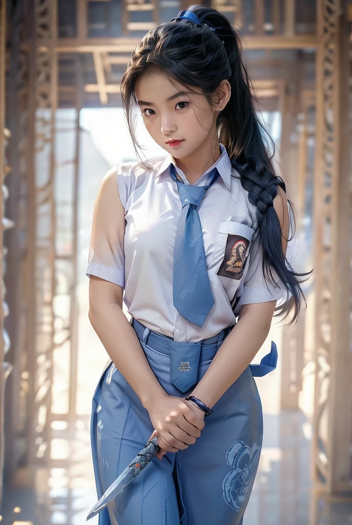  photo realistic. A Japanese schoolgirl with a ponytail, wearing a long-sleeved white shirt, blue skirt, ((blue tie)) decorated with intricately ornamented chest and shoulder armor. Holding a ninja weapon, posing ready for battle, morning sky, high realism, high detail, 4K, HDR, true proportions, ultra high definition, real person, facing the camera, ninja shoes.