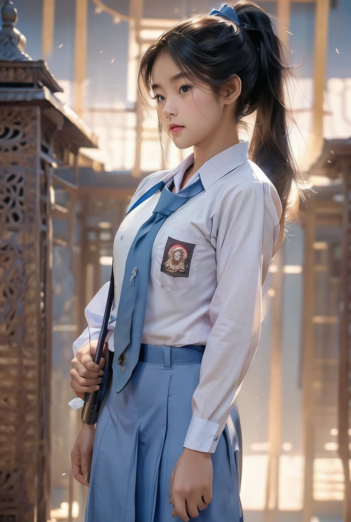  photo realistic. A Japanese schoolgirl with a ponytail, wearing a long-sleeved white shirt, blue skirt, ((blue tie)) decorated with intricately ornamented chest and shoulder armor. Holding a ninja weapon, posing ready for battle, morning sky, high realism, high detail, 4K, HDR, true proportions, ultra high definition, real person, facing the camera, ninja shoes.