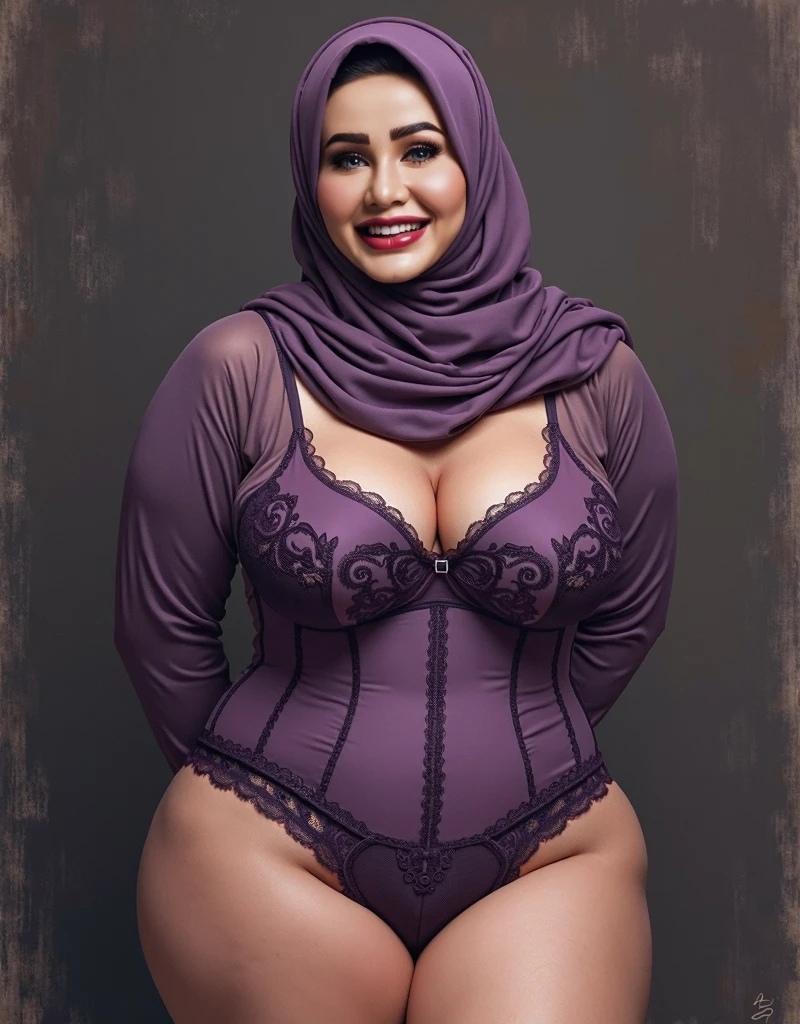 Attractive mature woman, 20 years old, (Bodycon:1.2), Big Breasts, smile, (Wrinkles on face:1.3), Light make-up, wear tight hijab, 8k, (((thick body, has huge perfect boobs,wears purple lingerie, round))), highest quality, masterpiece, highest quality, (standing, from head to knees), bokeh, (((The bustling center of the city))), ((cowboy shot of you side)). 