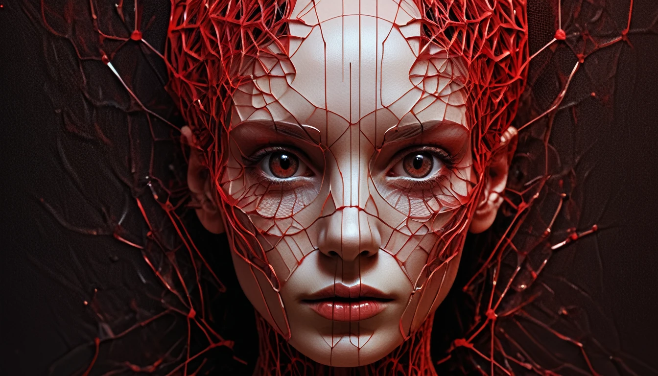 a black and red photo of a woman's face, digital art, by Mirko Rački, generative art, inside head cobwebs, abstract painting  , torn mesh, expressive digital art, portrait of an android, multiple faces, abstract album cover, intertwined a dissolving, staring, messy